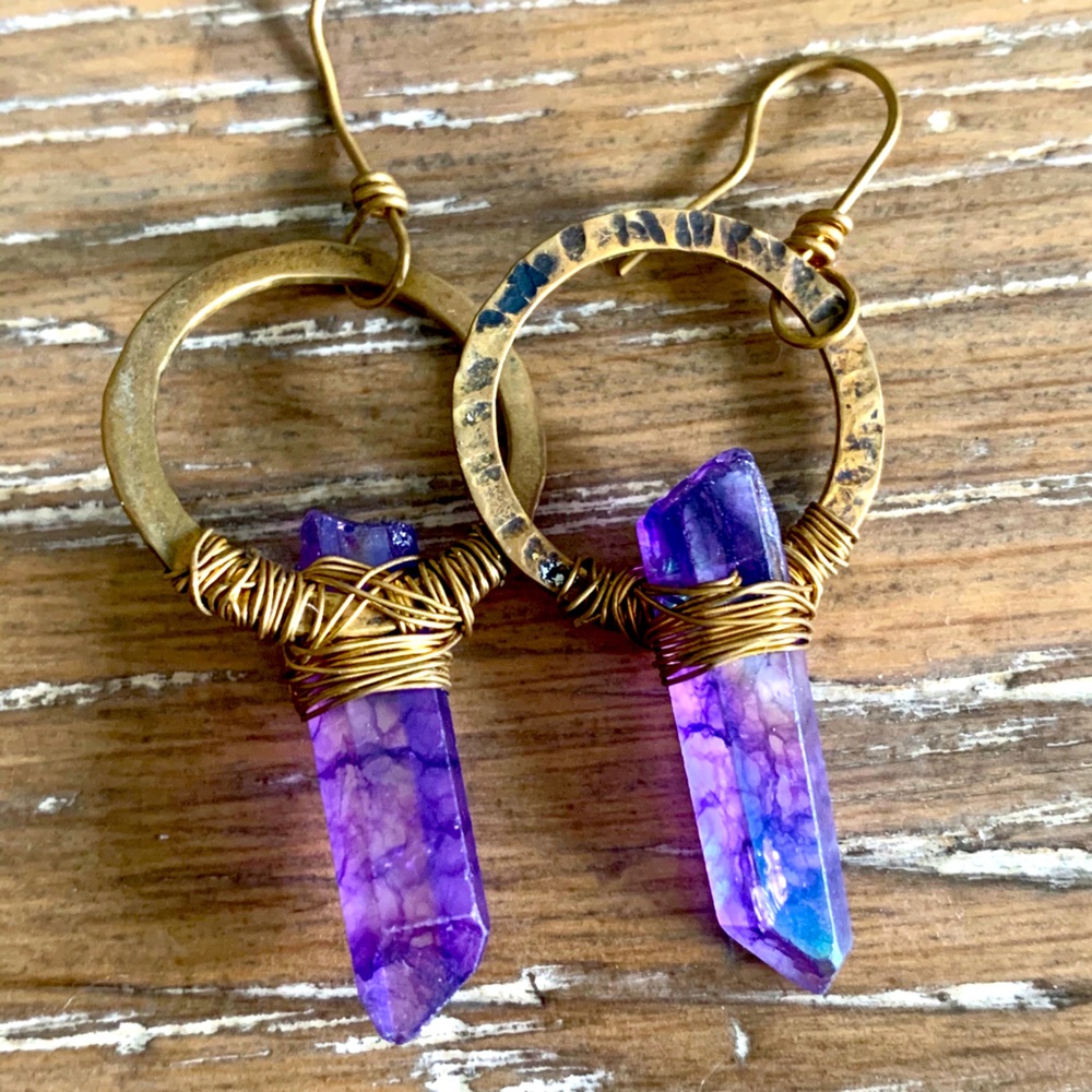 Handmade purple crystal hoop earrings